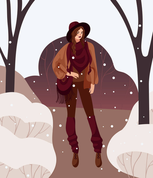 Boho kıyafetli bir kız kış parkında yürüyor. Parlak vektör çizimi, sıcak toprak renkleri. Şapka, kar yağışı, püsküller, portre, doğallık. Posterler, kartpostallar, afişler, elbiseler, tasarım unsurları. - Vektör, Görsel