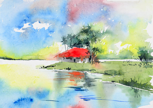 Pintura de acuarela de aldea india brillante, ilustración pintada a mano. Casa de pueblo, palmeras y reflejo en un estanque. Paisaje rural. - Foto, Imagen