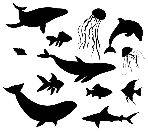 sketch sea animals, fish set on white background - Vector, Image