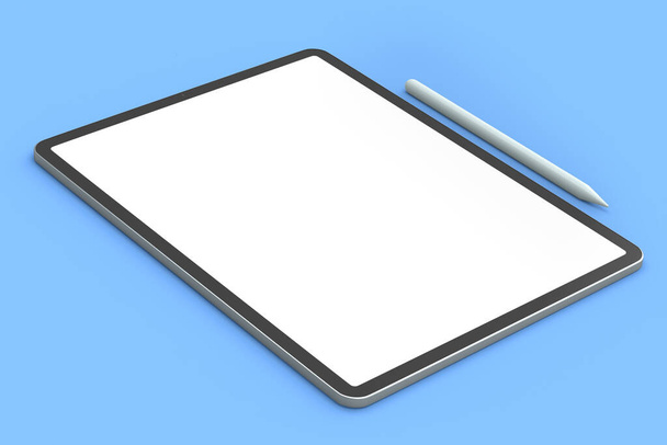 Computer tablet with pencil isolated on blue background. 3D rendering concept of creative designer equipment and compact workspace - Photo, Image