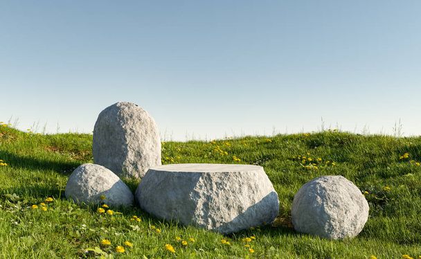 stenen product display staan in een groene weide met bloemen en heldere lucht. 3d destructie - Foto, afbeelding