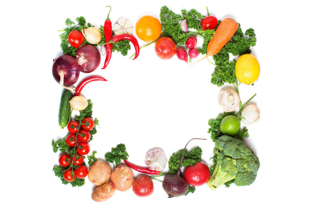 decorative pattern of fresh vegetables on white background - Photo, Image
