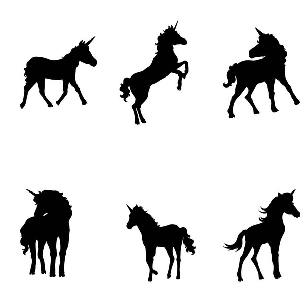 set of beautiful unicorn silhouettes on a white background. Vector, illustration - Vector, imagen