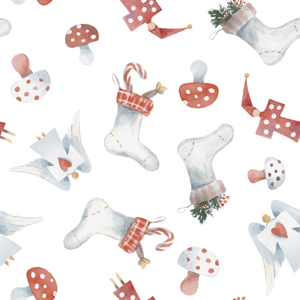 akvarell zökkenőmentes minta karácsonyi stockin, cipész a kandalló, babák, játékok, angyalok, gomba fehér háttér - Fotó, kép