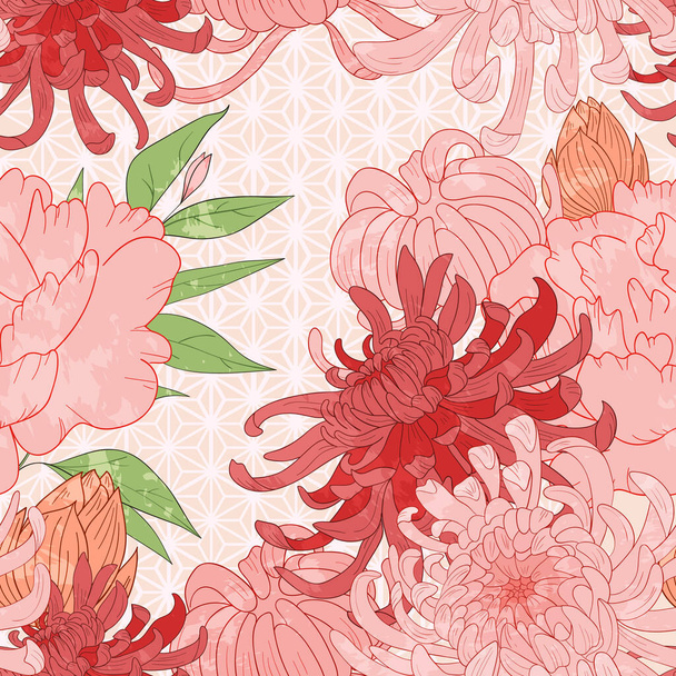 Vector asian seamless background with peonies and geometric pattern. Chinese pattern with flowers, vector background with pink peony flower. - Vetor, Imagem