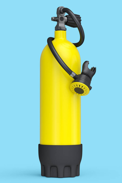 Yellow diving tank full oxygen for snorkeling isolated on a blue background. 3d render of scuba diving and sport equipment for summer holidays - Fotó, kép