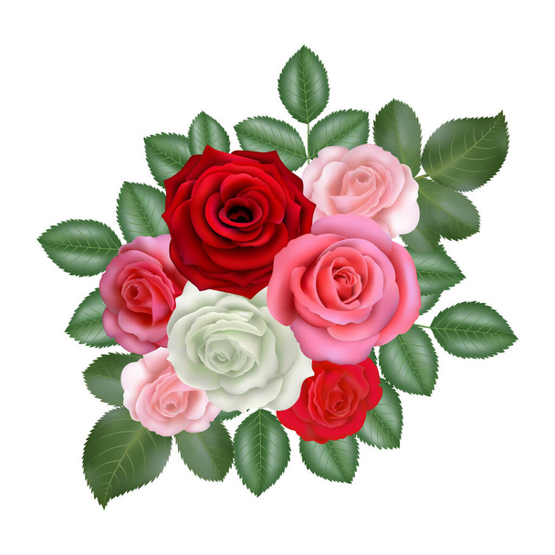 Ilustración de ramo de rosas rojas, rosadas y blancas aisladas - Vector, Imagen