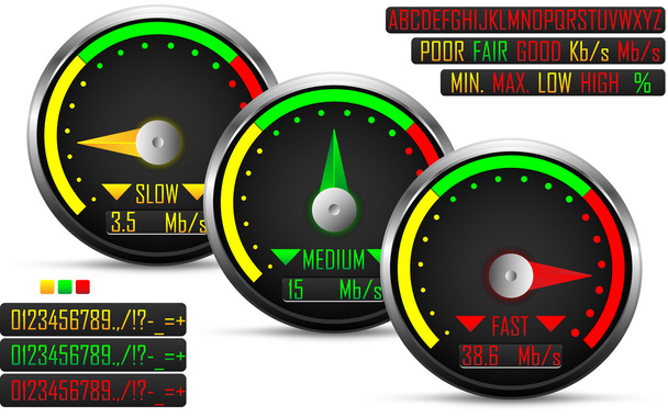 Medidor de teste de velocidade na Internet, com três posições de agulha, vetor
 - Vetor, Imagem