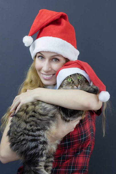 サンタの帽子の笑顔の女の子と猫。ペットとクリスマスに会う。クリスマスポスター - 写真・画像