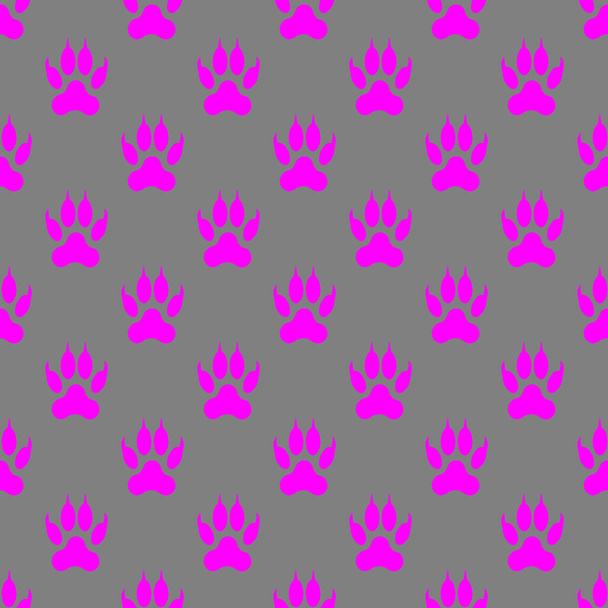 nahtloses Muster fuchsiafarbener Pfotenbilder. eine Reihe von Fuchsien in der Farbe isolierter tierischer Pfoten auf grauem Hintergrund. 3D-Darstellung. 3D-Bild. - Foto, Bild