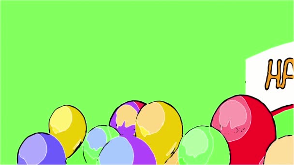 2d animation σε κωμικό στυλ - Flying μπαλόνια και λέξη χρόνια πολλά στην πράσινη οθόνη - Πλάνα, βίντεο