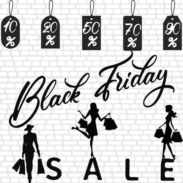 Venerdì nero banner pubblicità modello di sfondo Elegante donna sagome con acquisti - Vettoriali, immagini