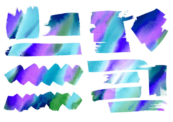 Watercolor artistic freehand drawing set purple, green, blue, turquoise and violet stains and splash. Watercolour frame diagonal abstract elements on white background. Infographic, manga and catalog - 写真・画像