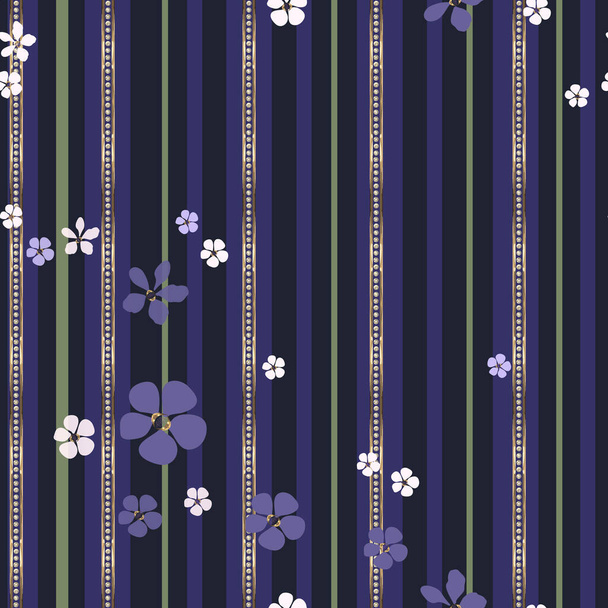 Jewelry and floral striped vector seamless pattern. Abstract white and purple flowers and gold strips with diamonds on black background. Template for design, wallpaper, wrapping, jewelry box. - Вектор,изображение