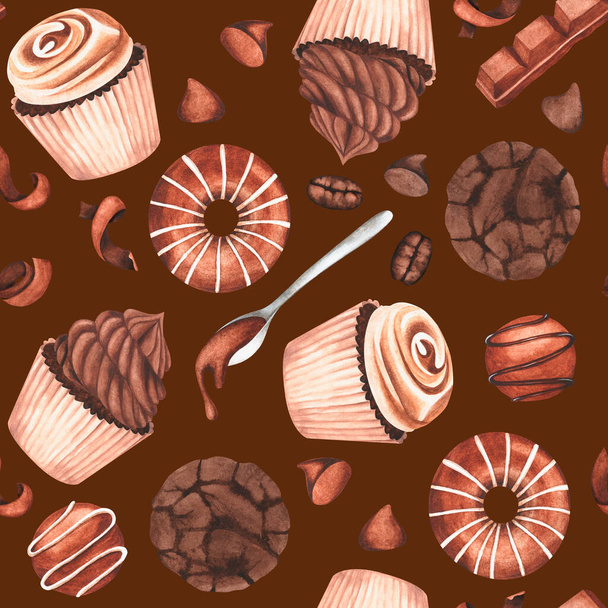 Seamless pattern. Chocolate sweets. Watercolor vintage illustration. For your design. Suitable for the design of postcards, invitations, stickers and so on. - Foto, afbeelding
