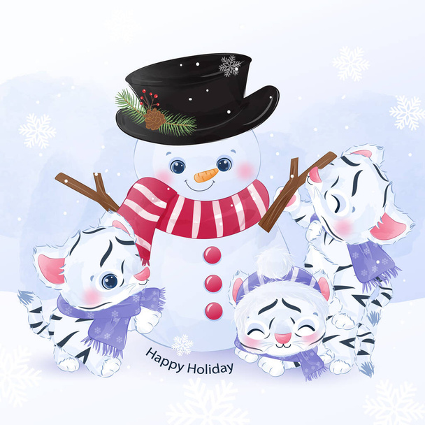 roztomilý tygr a sněhulák v akvarelu ilustrace pro vánoční dekorace - Vektor, obrázek