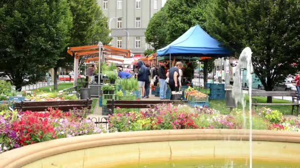 Bauernmarkt in der Stadt und Bäume mit Menschen - Brunnen mit Blumen - Filmmaterial, Video