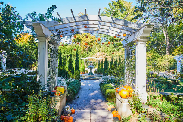 White Arbor con decoración temática de otoño que conduce al patio del jardín - Foto, imagen