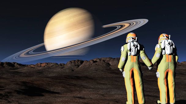 Αστροναύτες στο φεγγάρι του Κρόνου 3D εικονογράφηση - Φωτογραφία, εικόνα