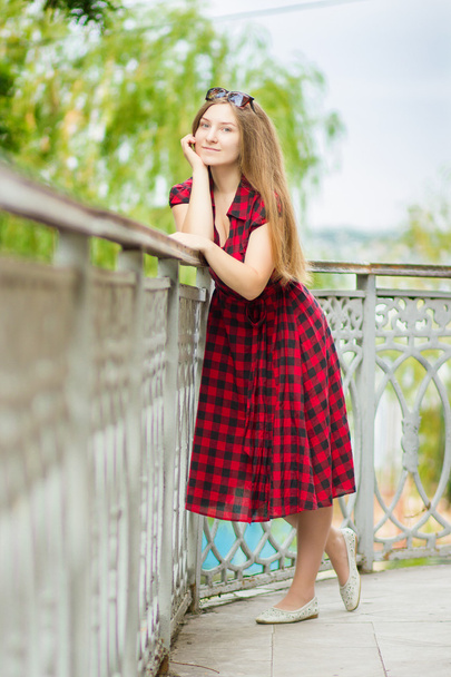 Portrait of a beautiful young woman with long brown hair in nature. Girl posing in a plaid dress on the balcony. - Foto, Imagen