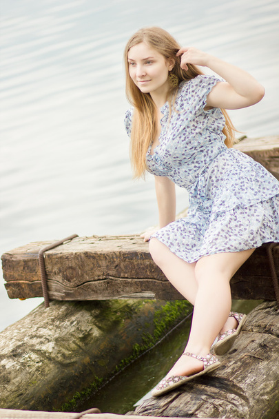 Portrait of a beautiful young woman with long brown hair in a short dress with a floral pattern. Girl is relaxing at the pond on wooden beams - Foto, Imagem