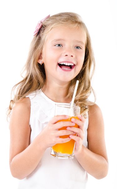 Smiling cute little girl with glass of juice isolated - Foto, Imagem