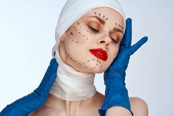 beautiful woman Red lips plastic surgery operation bare shoulders isolated background - Foto, immagini