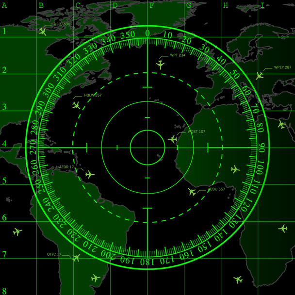 vert écran radar sur les lignes de la grille carrée et une carte très détaillée du monde, vector - Vector, afbeelding