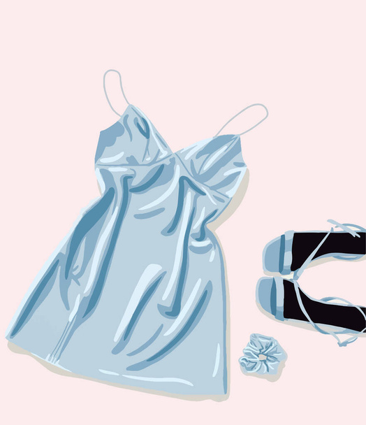 Blue satin short dress, shoes and hair tie. Vector fashion illustration  - Вектор,изображение