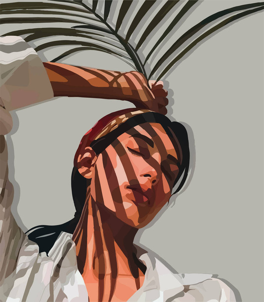 Chica con una sombra en su cara de una hoja de palma. Moda vector de fondo  - Vector, imagen