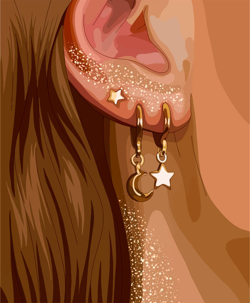 月と星のイヤリングを持つ女性の耳。ベクターファッションの背景  - ベクター画像