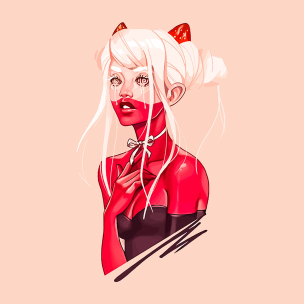 Démon Anime dívka s jahodovými rohy na hlavě a lukem na krku. Stylová módní ilustrace.  - Vektor, obrázek
