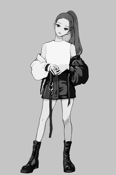 Милая аниме-девочка с хвостиком. Иллюстрация в серых тонах.  - Вектор,изображение