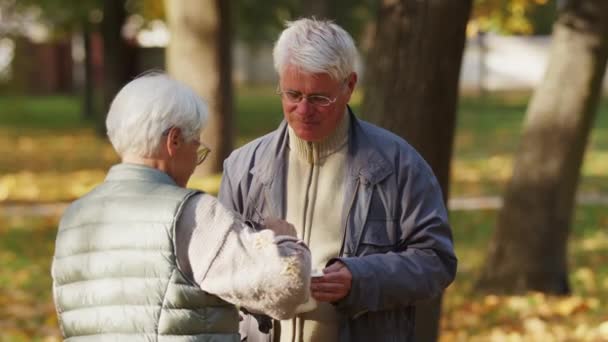Evento di beneficenza. Donna anziana, volontaria che dà un pasto caldo a un uomo anziano - Filmati, video