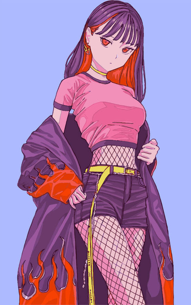 anime κορίτσι με μωβ-κόκκινα μαλλιά και ένα μανδύα με ένα αποτύπωμα φωτιάς.  - Διάνυσμα, εικόνα