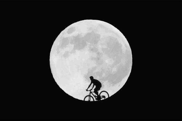 Pyöräilijä ratsastaa täysikuun aikaan. Vektoriesimerkki  - Vektori, kuva
