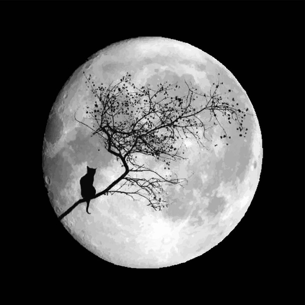 Un gato sentado en un árbol sobre un fondo de luna llena. Ilustración vectorial  - Vector, Imagen