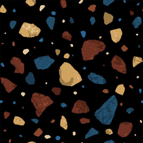 Мраморный рисунок Terrazzo бесшовный. Текстура в венецианском стиле, состоящая из натурального камня, гранита, кварца, мрамора, бетона и известняка. Синий, желтый и оранжевый мрамор на черном фоне.  - Вектор,изображение