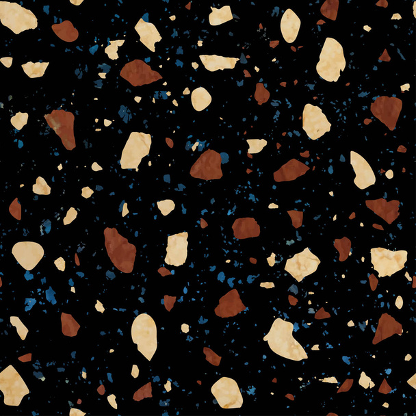 Terrazzo marble seamless pattern. Texture in Venetian style, composed of natural stone, granite, quartz, marble, concrete and limestone. Yellow, blue and orange marble on a black background.  - Vector, Image