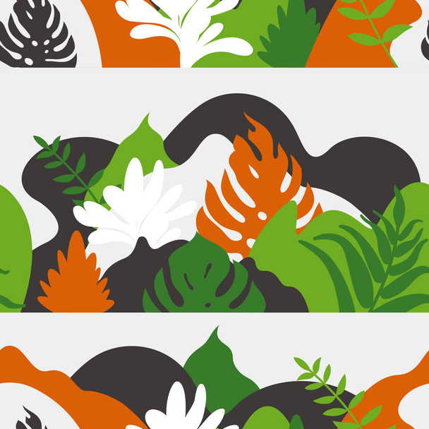 Seamless pattern with mountain hilly landscape with tropical plants and trees, palms.  - Vektor, kép