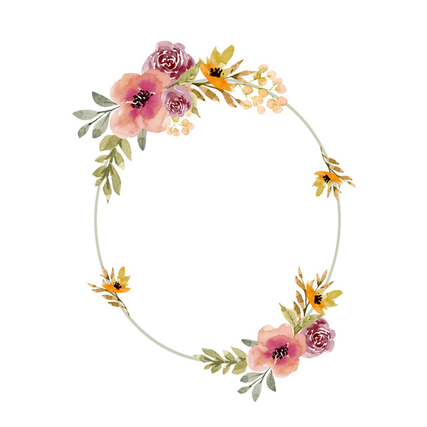 runder Rahmen mit zarten bunten Aquarellblumen, handbemalt - Foto, Bild