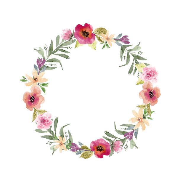 round frame with delicate multicolored watercolor flowers, hand painted - Фото, изображение