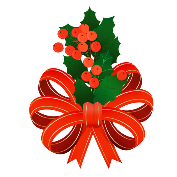 Decorazione natalizia di agrifoglio agrifoglio con bacche rosse e nastri rossi legati in un fiocco. Illustrazione isolata su sfondo bianco. - Vettoriali, immagini
