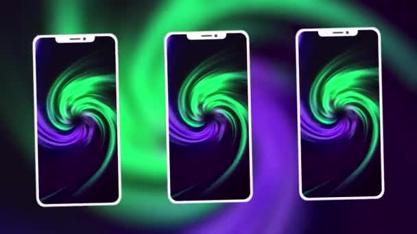 3D abstract background of twisted phone silhouettes on the background of colorful spheres. Motion. Presentation of new smartphone. - Footage, Video