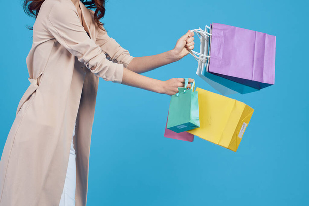 glamorous woman multicolored packs emotions shopping fashion studio model - Фото, зображення