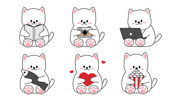 Συλλογή από διάφορα χαριτωμένα μικρά γατάκια σε λευκό φόντο. Kawaii σύνολο αστείων χαρακτήρων ζώων σχεδιασμό σε στυλ κινουμένων σχεδίων. Γάτα για κατοικίδια. Αυτοκόλλητα. Εικονογράφηση διανύσματος. - Διάνυσμα, εικόνα