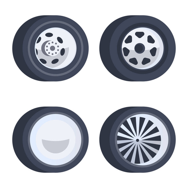 A set of 4 wheels for a car of different structures. Isolated over white background. - Vektor, Bild