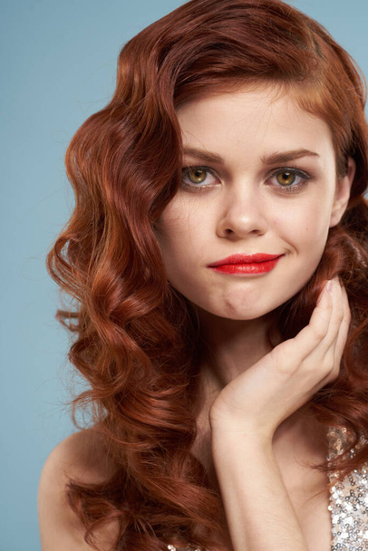 attractive red-haired woman red lips face close up - Foto, Imagem