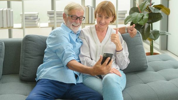 Caucasian happy seniors elderly are video calling to family or friends, relax at home, smiling healthy senior retired grandparents, older grandparent technology concept - Fotoğraf, Görsel