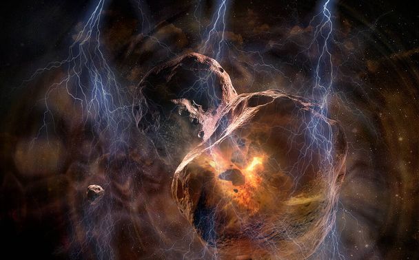 Σύγκρουση δύο πλανητών δύο κόσμων σε έναν φαντασμαγορικό ουρανό με αστραπή. Στοιχεία αυτής της εικόνας που παρέχεται από τη NASA. - Φωτογραφία, εικόνα